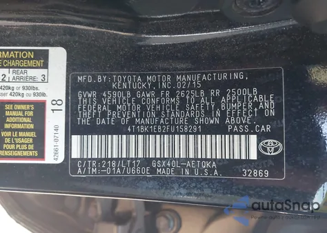 2015 Toyota Avalon Xle Touring из США, поврежденный, VIN 4T1BK1EB2FU158291